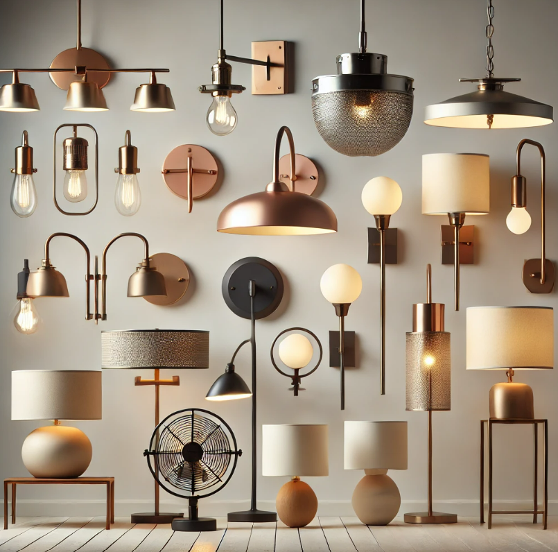 A wall filled with lots of lamps and fans