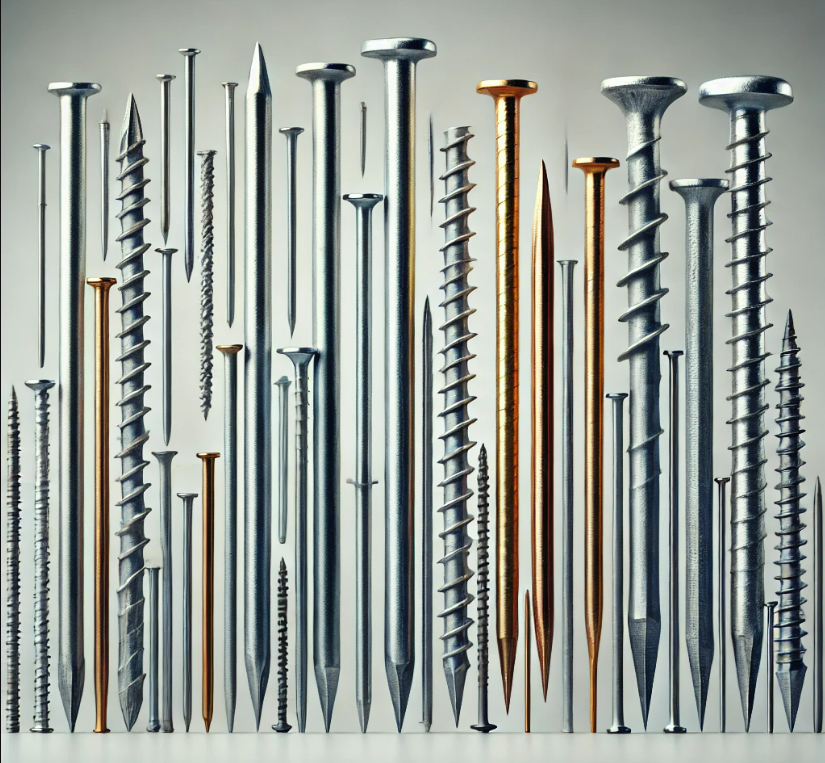 A bunch of different types of nails and screws