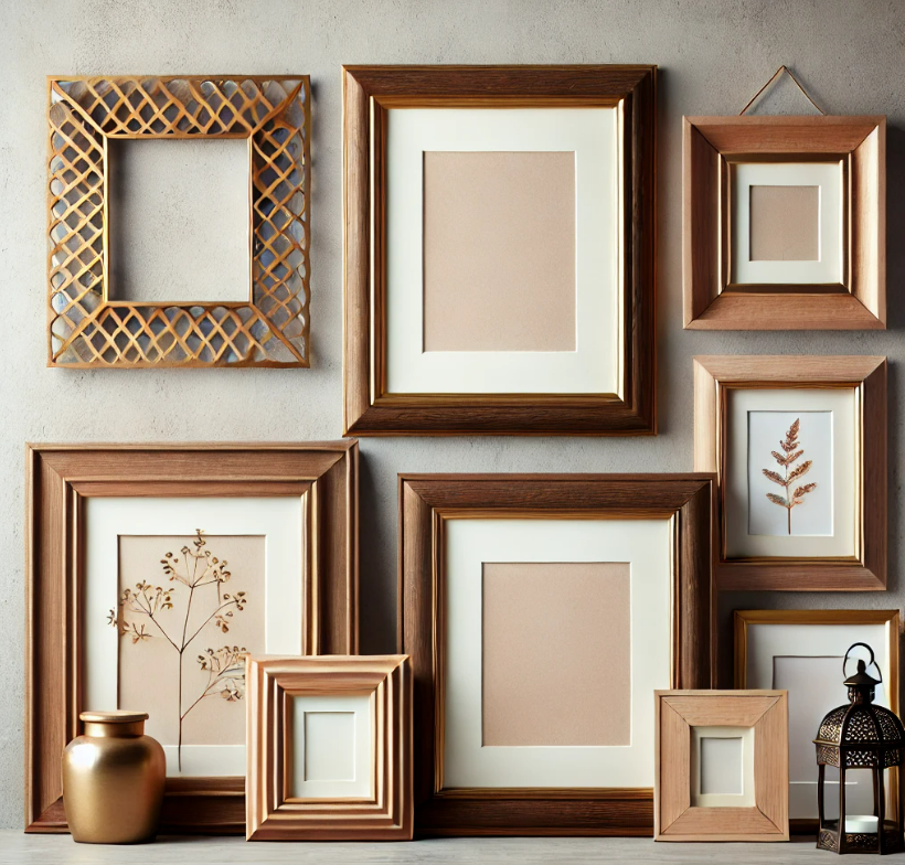 A group of picture frames are hanging on a wall