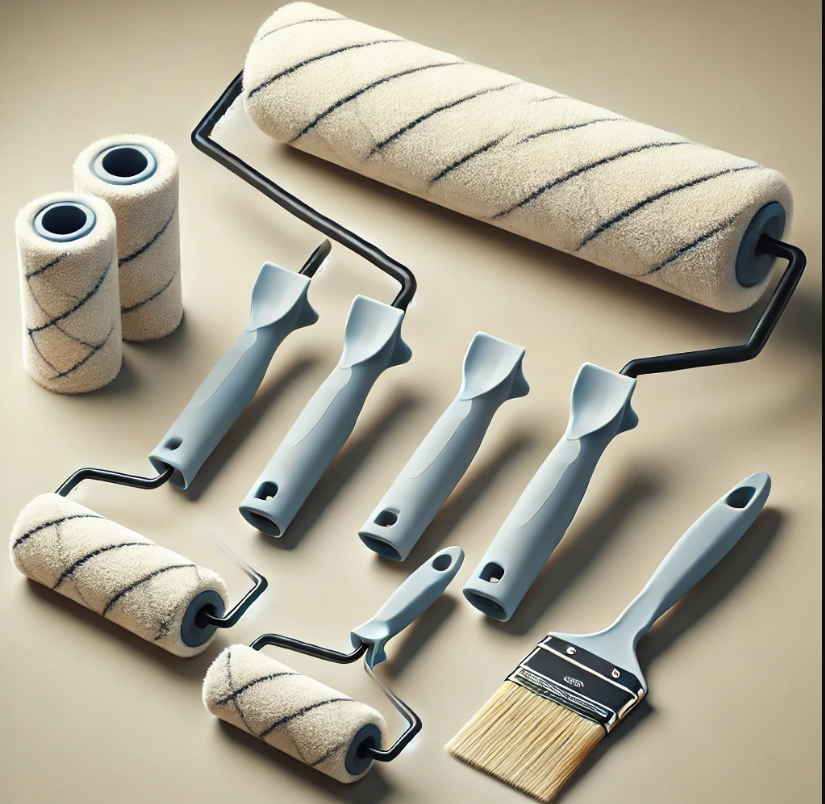 A bunch of paint rollers and brushes on a table