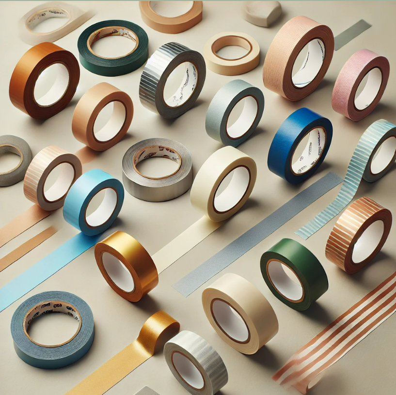 A bunch of different colored rolls of tape on a table