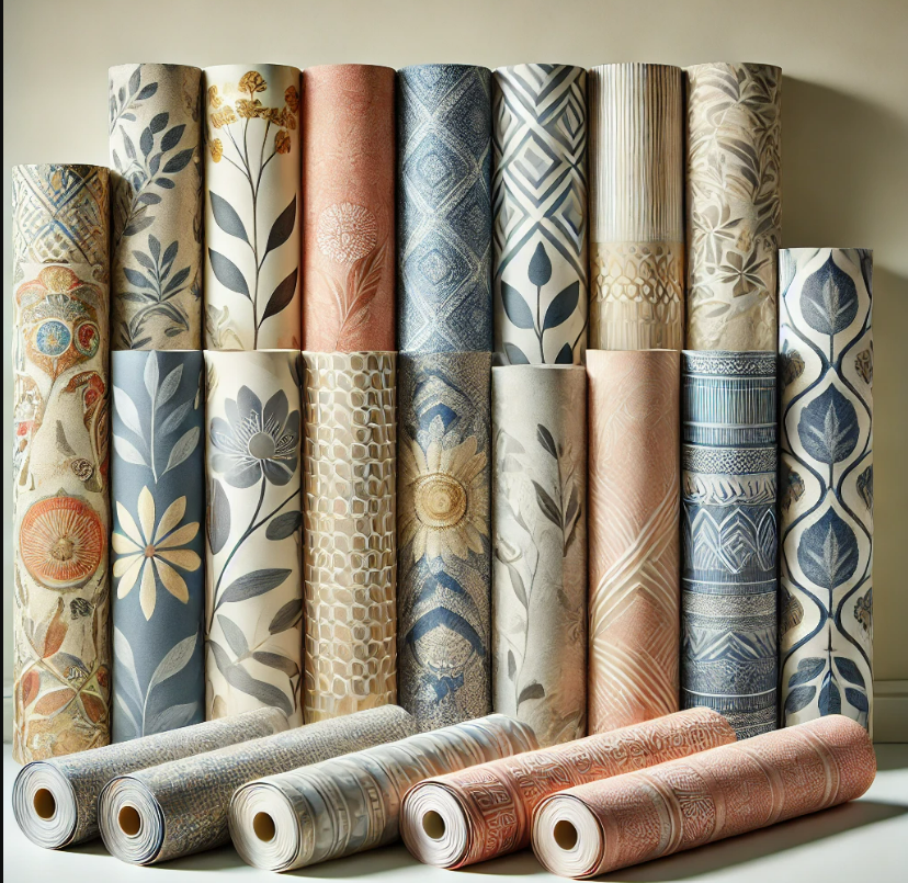 Several rolls of wallpaper are stacked on top of each other