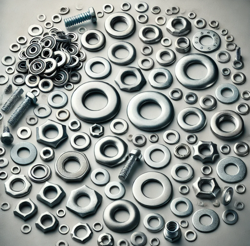 Nuts and washers are arranged in a circle on a table