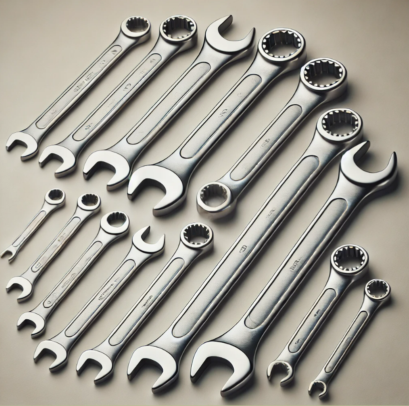 A bunch of wrenches are lined up in a row