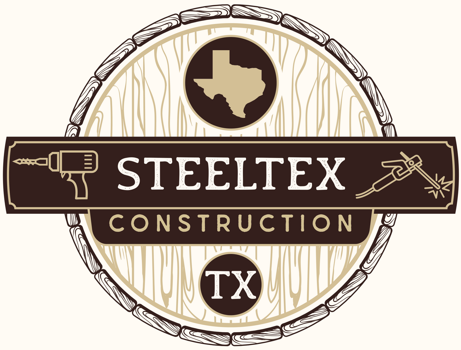 Steelex Construction logo with Texas silhouette, tools, and TX emblem in brown and beige