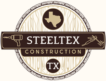 Steelex Construction logo with Texas silhouette, tools, and TX emblem in brown and beige