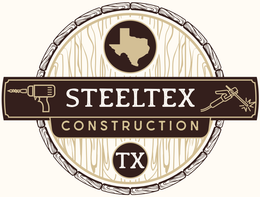 Steelex Construction logo with Texas silhouette, tools, and TX emblem in brown and beige