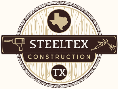 Steelex Construction logo with Texas silhouette, tools, and TX emblem in brown and beige