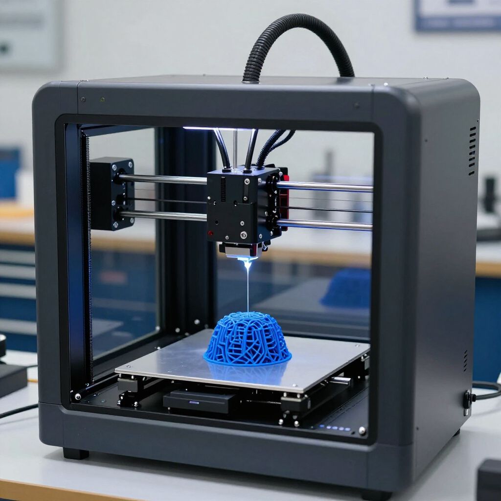 Een donkere, afgesloten 3D-printer creëert een complex blauw, koepelvormig rasterobject op zijn verwarmde printbed.