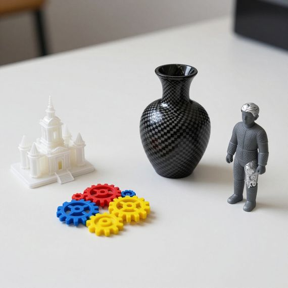 Een wit modelgebouw, een zwarte vaas van koolstofvezel, vier kleine plastic tandwielen en een grijs beeldje op een witte ondergrond.