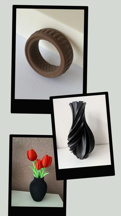 Een collage met een bruine 3D-geprinte ring, een zwarte spiraalvaas en een zwarte vaas gevuld met rode tulpen.