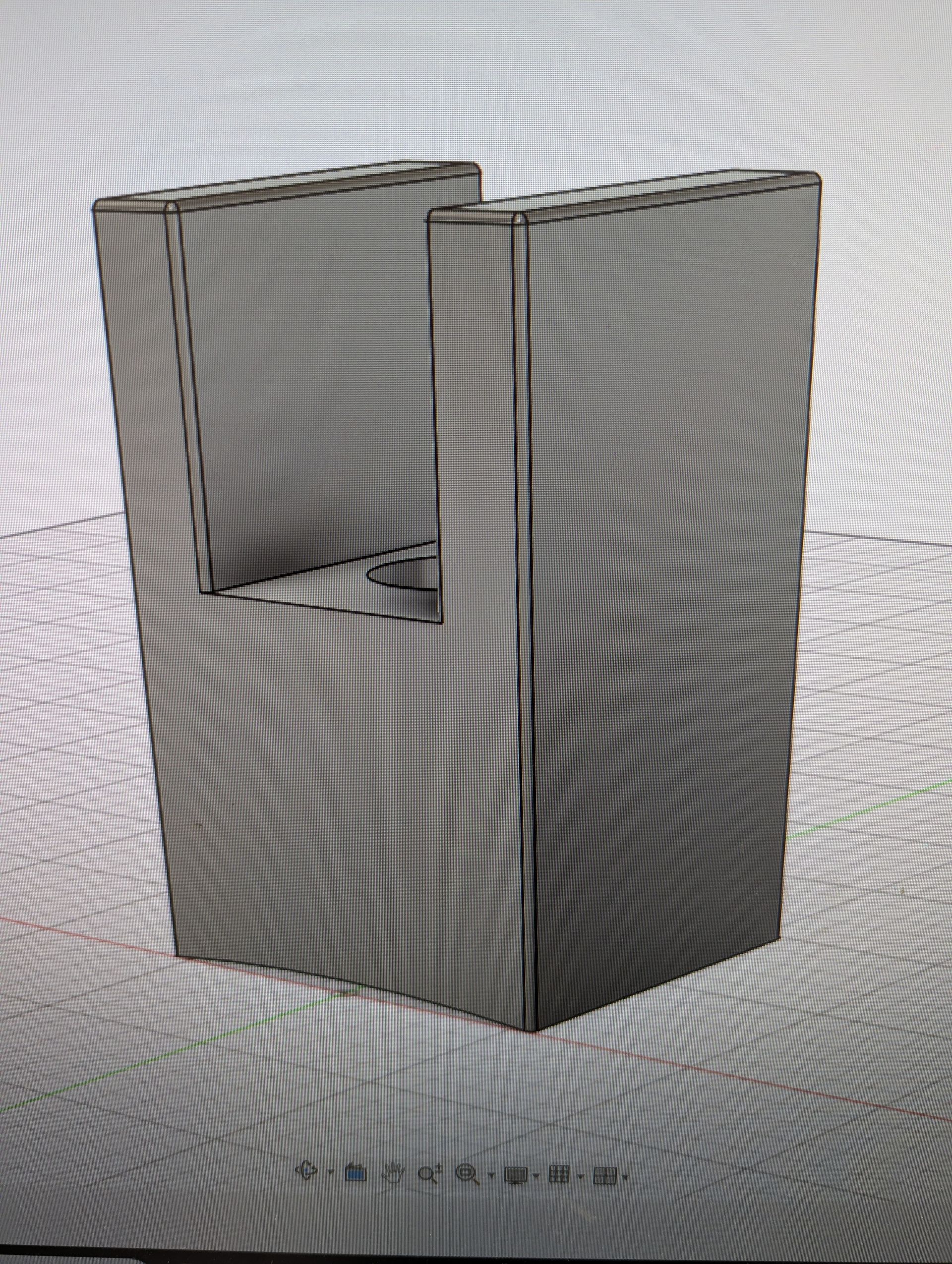 Rig-3d doorsnede tekening Een 3D CAD-model van een dwarsdoorsnede van een symmetrische, metaalkleurige beugel met een centraal, getrapt cilindrisch gat.