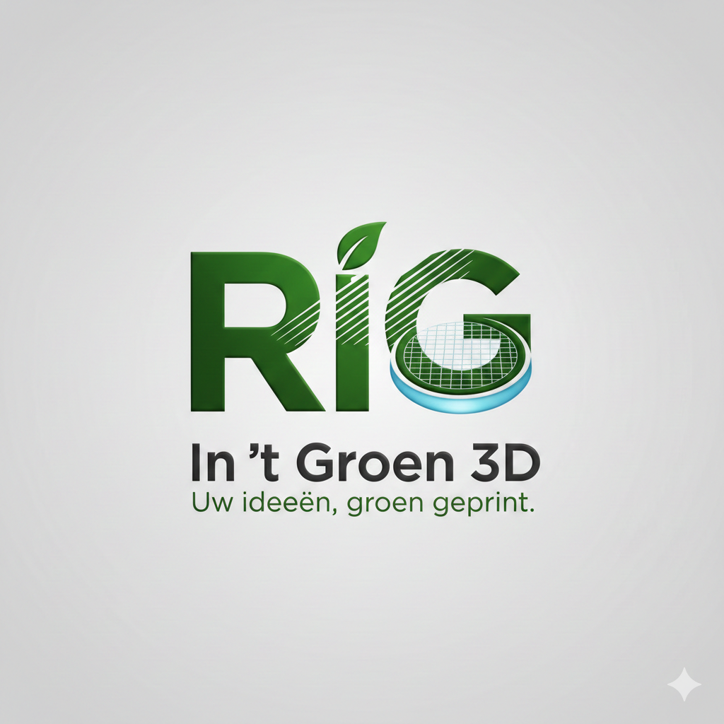 Rig-3d Logo voor RiG In 't Groen 3D met gestileerde groene tekst, een bladicoon en een 3D-geprinte cirkelvormige structuur.