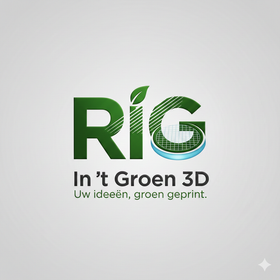 Rig-3d Logo voor RiG In 't Groen 3D met gestileerde groene tekst, een bladicoon en een 3D-geprinte cirkelvormige structuur.