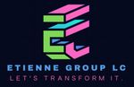 ETIENNE GROUP LC logo with neon green, pink, and blue stylized letters on a dark background, “LET’S TRANSFORM IT.”