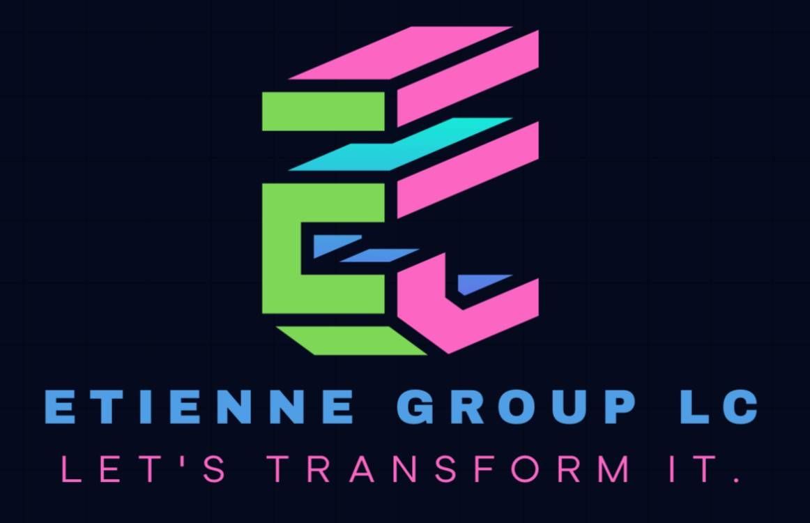 ETIENNE GROUP LC logo with neon green, pink, and blue stylized letters on a dark background, “LET’S TRANSFORM IT.”
