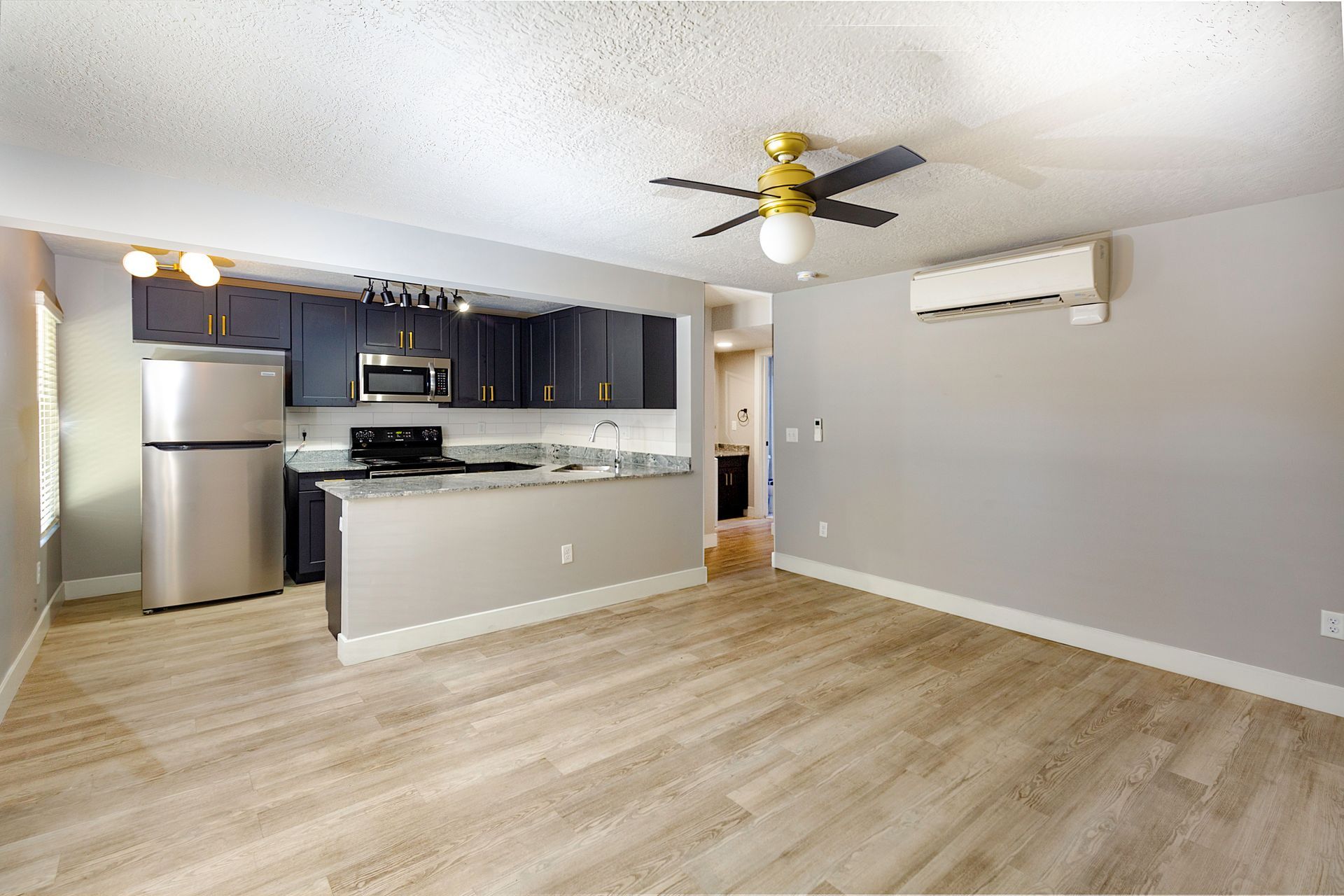 apartment kitchen. Navy cabinets, gold knobs, stainless steel appliances, tan wood floors, gray walls, and a ceiling fan.