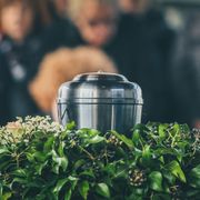 a metal urn is sitting on top of a lush green bush .