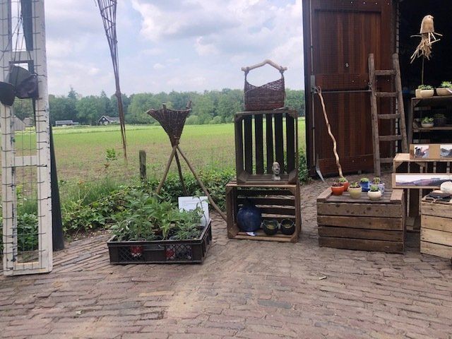Buitenopstelling van houten kratten, planten en decoratieve voorwerpen. Veldachtergrond.