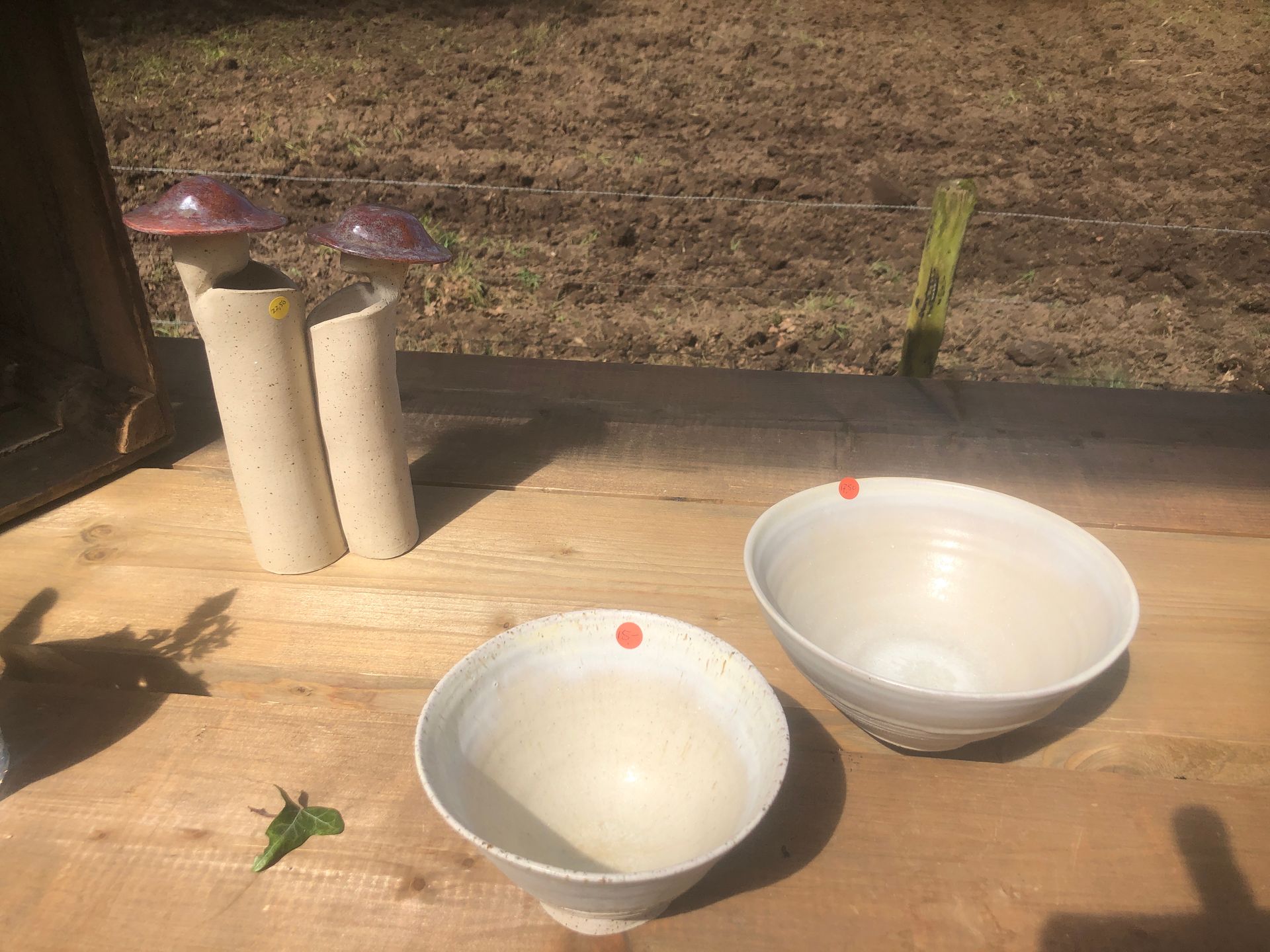 Twee witte keramische kommen en paddenstoelsculpturen op een houten ondergrond, in een buitenomgeving.
