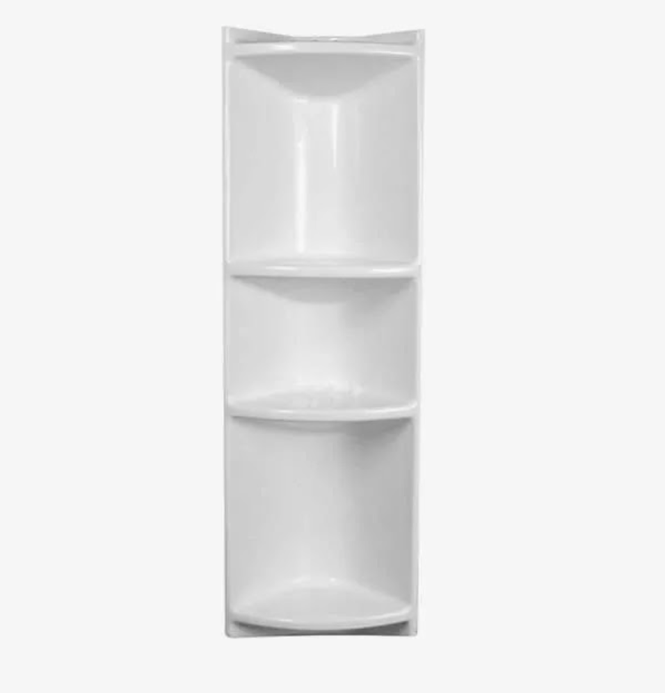 A white corner shelf with three shelves on a white background.