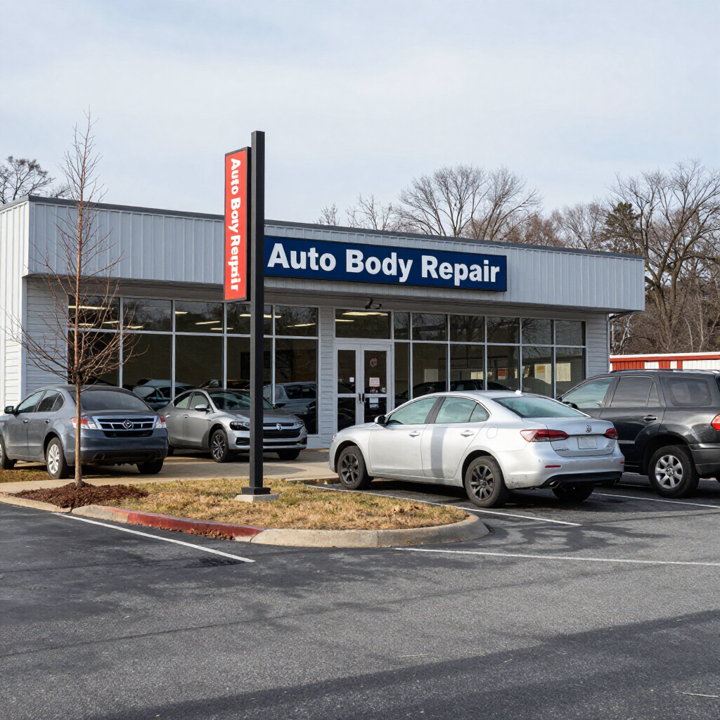 A front view of an Auto Body Repair shop with parked cars in the foreground on a sunny day.