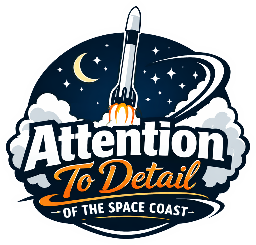 Logo: Rocket blasting off, night sky, "Attention to Detail of the Space Coast" text.