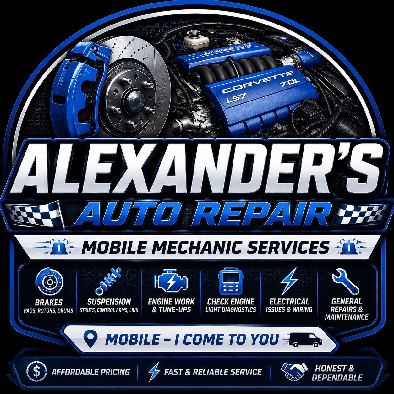 Blue-and-white Alexander’s Auto Repair mobile mechanic services logo with engine graphic and service icons