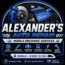 Blue-and-white Alexander&rsquo;s Auto Repair mobile mechanic services logo with engine graphic and service icons
