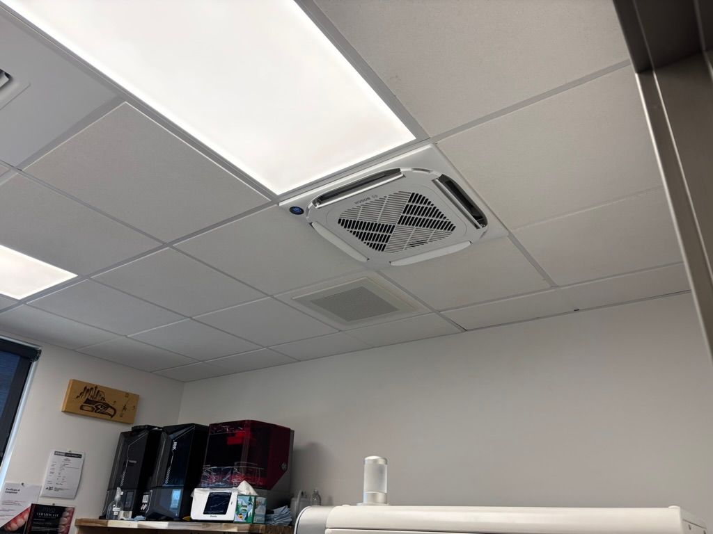 Office ceiling with fluorescent lights, a vent, and shelves with items along the wall