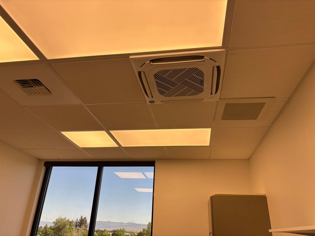 Office ceiling with fluorescent lights, air vent, and a window showing blue sky and distant mountains