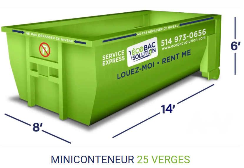 Benne à déchets verte de 25 verges cubes avec panneau de location, dimensions illustrées : 14 pi x 8 pi x 6 pi 1 po