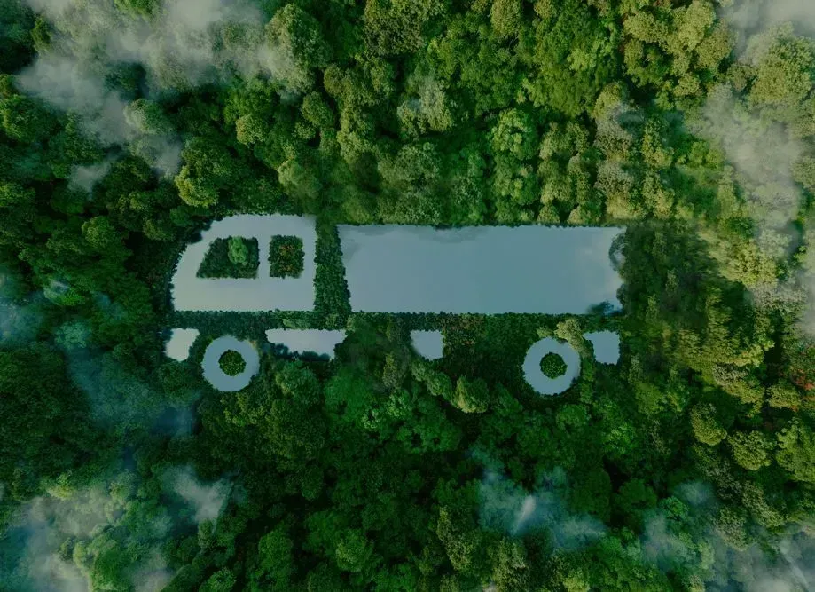 Une vue aérienne d'un camion au milieu d'une forêt.