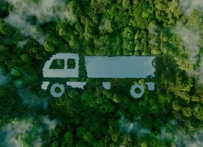 Une vue aérienne d'un camion au milieu d'une forêt.