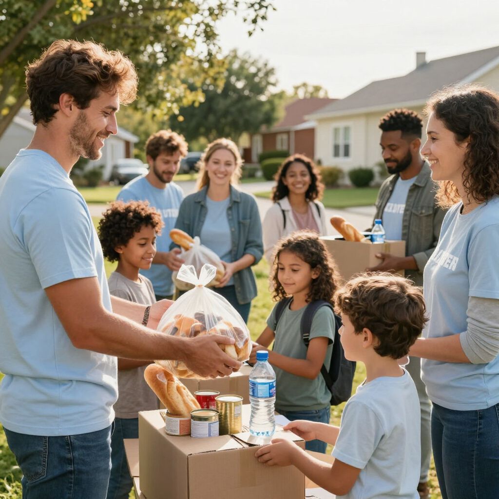Volunteers in light blue shirts distribute food and supplies from boxes to community members in a suburban neighborhood.