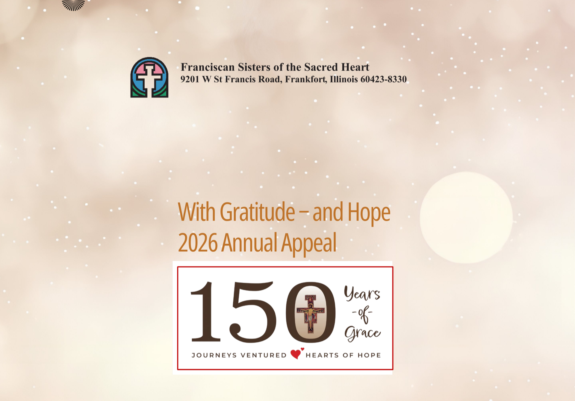 The Franciscan Sisters of the Sacred Heart 2026 Annual Appeal, featuring their 150 years of grace commemorative logo.