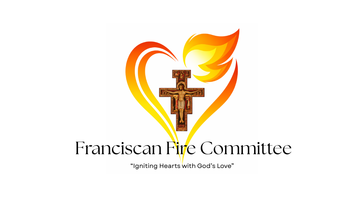 Logo featuring a heart-shaped flame, a San Damiano cross, and text reading 
