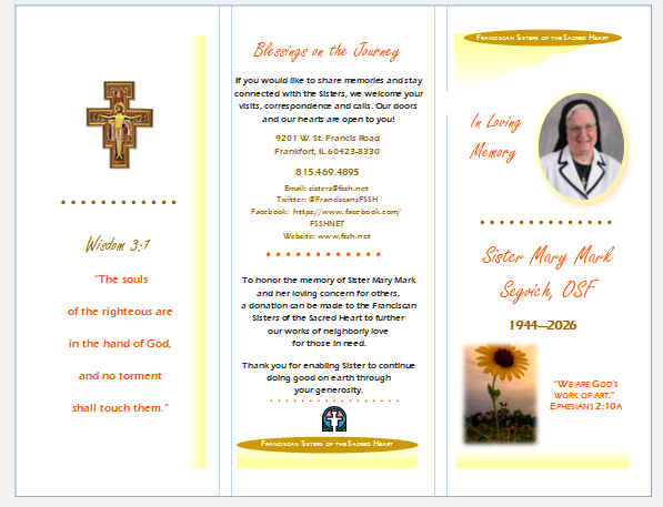 A funeral memorial brochure for Sister Mary Mark Segvich, OSF, featuring a cross, a portrait, and a sunflower image.