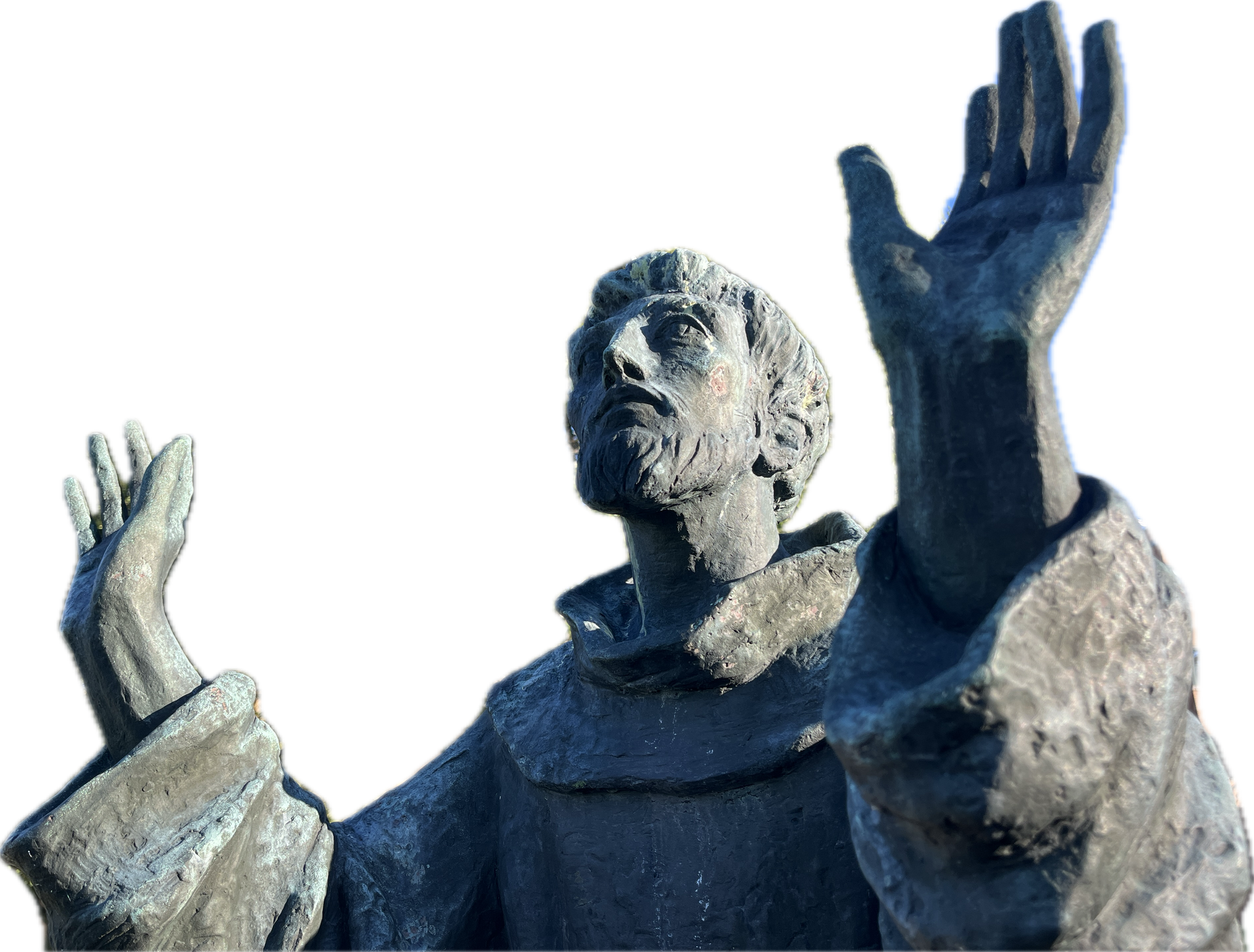 A bronze statue of a figure in a hooded robe, looking upward with both arms raised in a gesture of supplication.