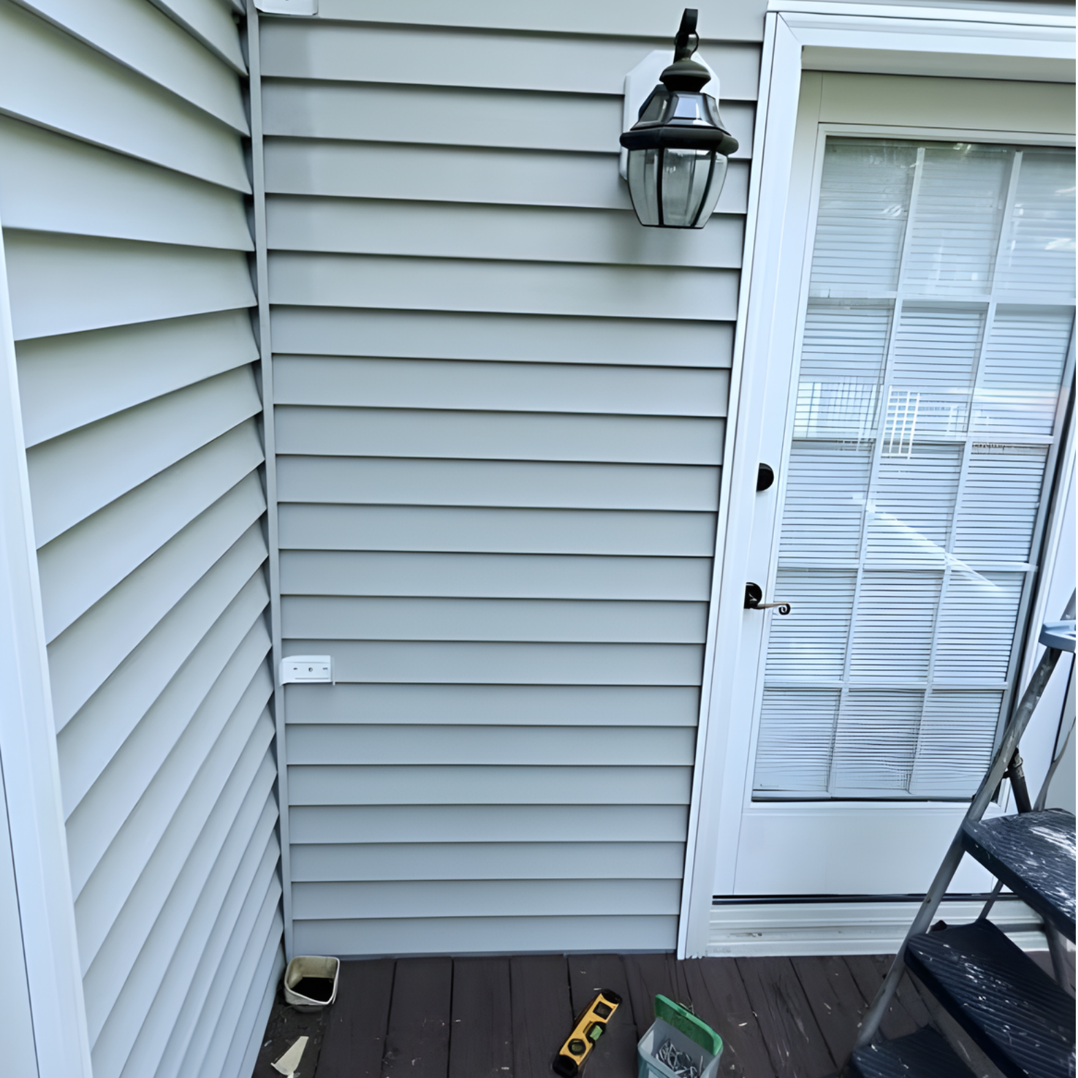 Gray shingle roof with a small vent, overlooking a yard and house in the background