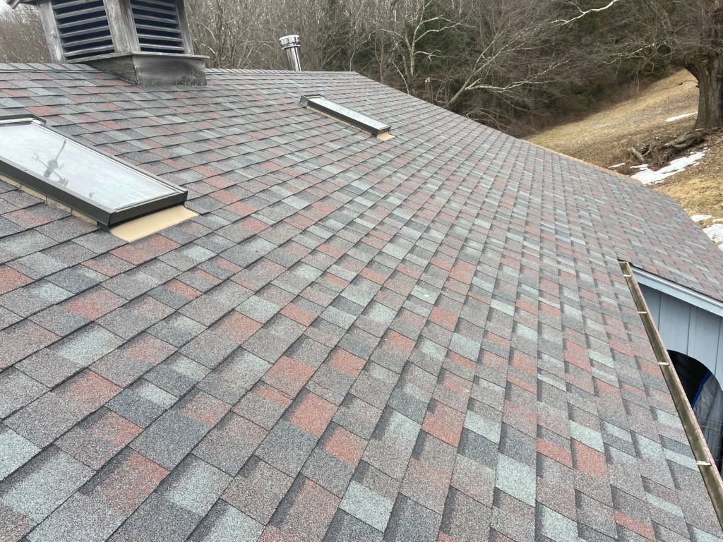 Sloped roof with gray-brown shingles and two skylights in a wooded area