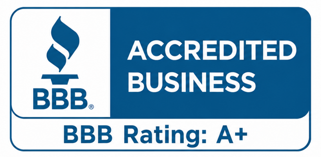 BBB Accredited Business badge with blue background and A+ rating