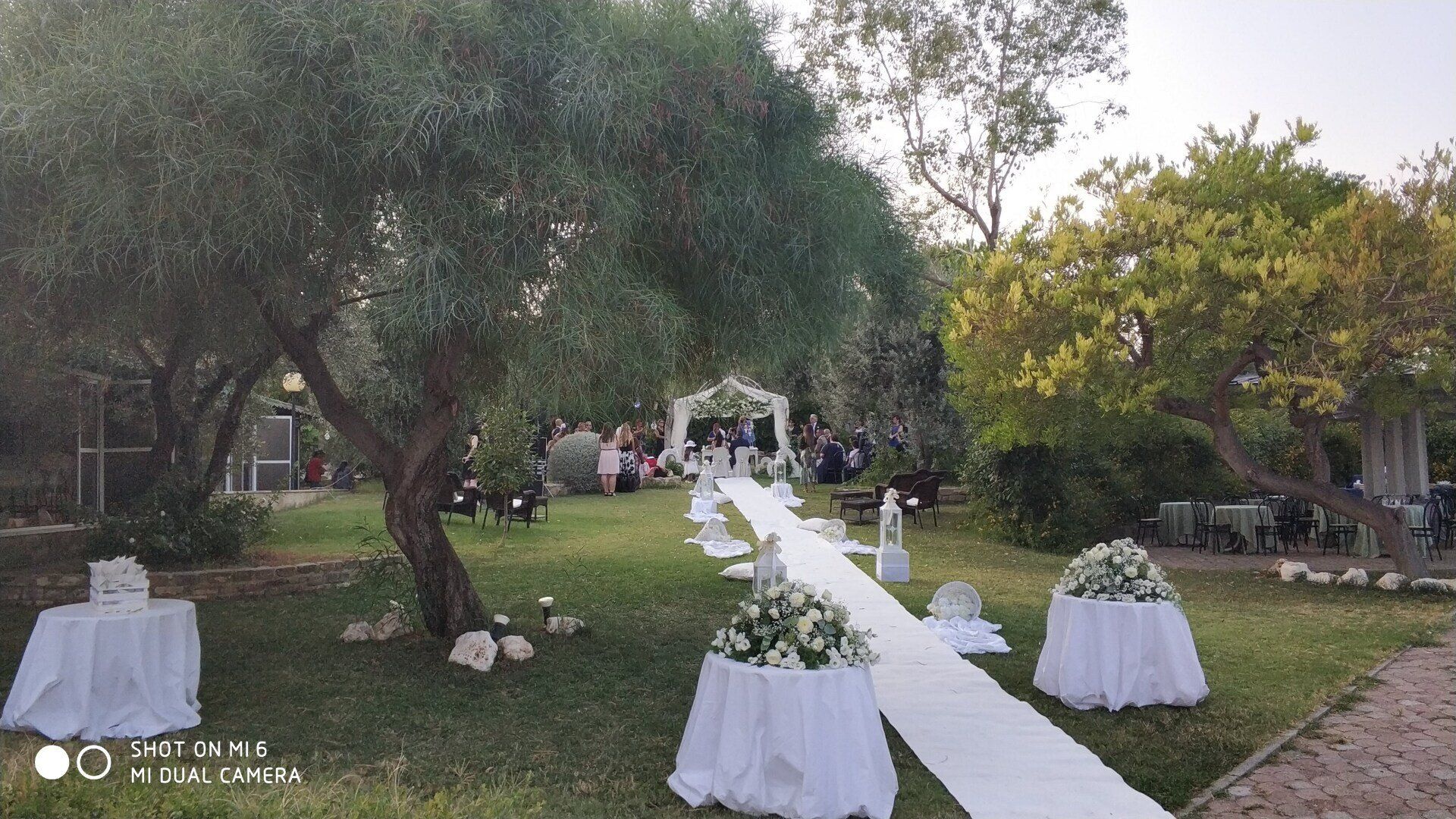 Si sta svolgendo una cerimonia nuziale in un parco con tavoli e fiori.