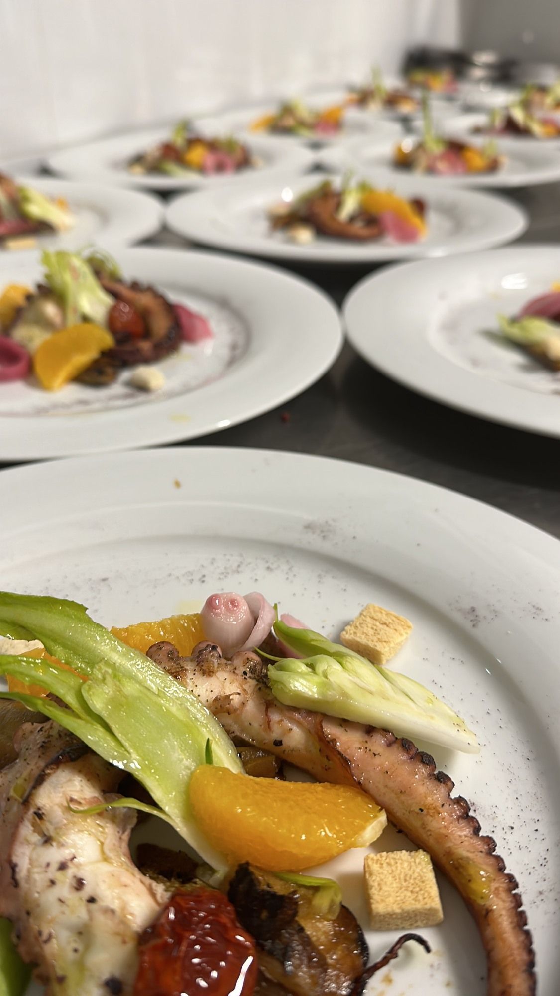 Piatti gourmet disposti in fila su un tavolo, con frutti di mare, asparagi e guarnizione d'arancia.