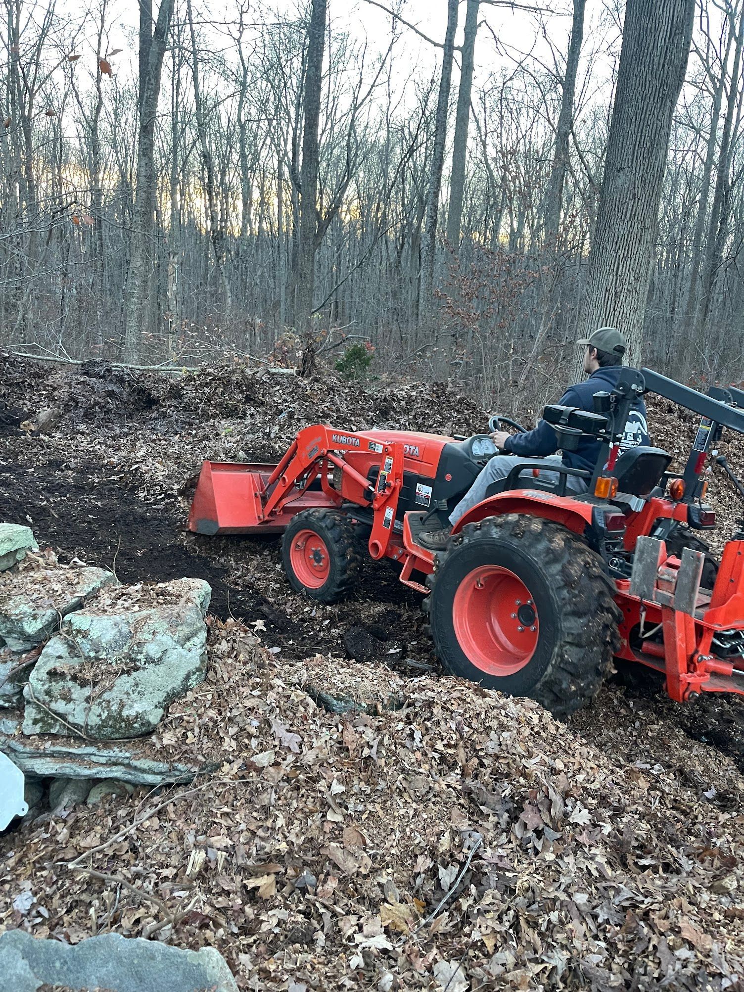 Tractor scooping mulch near trees in an outdoor setting.