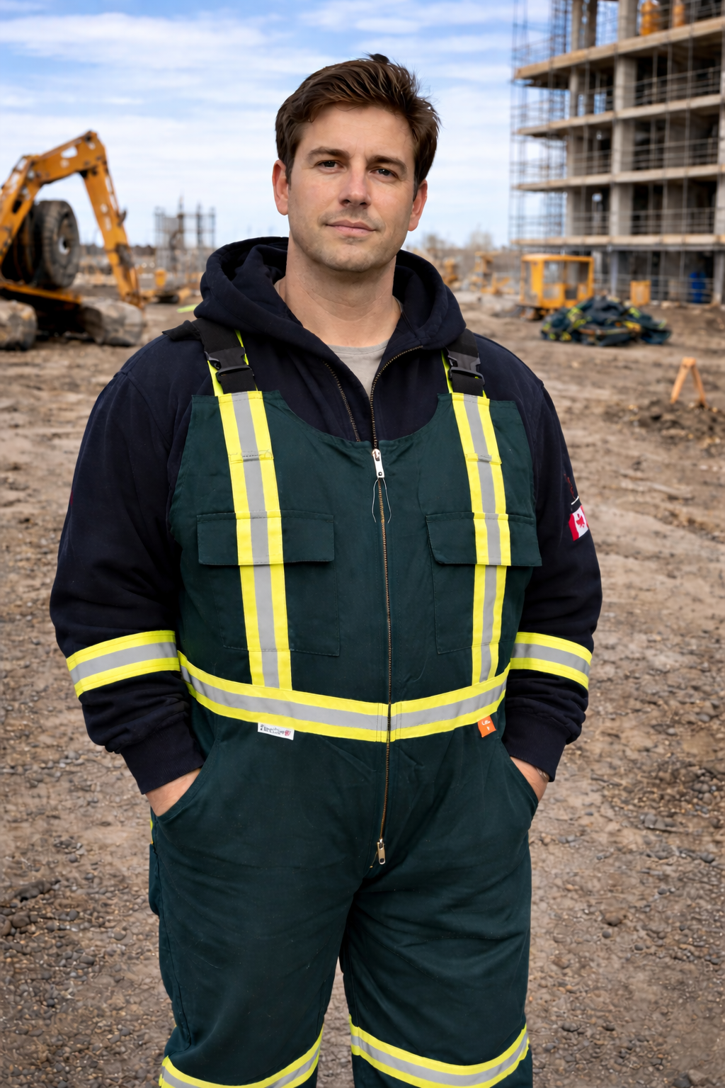 Person in orange jumpsuit with reflective stripes, black jacket, and work boots.