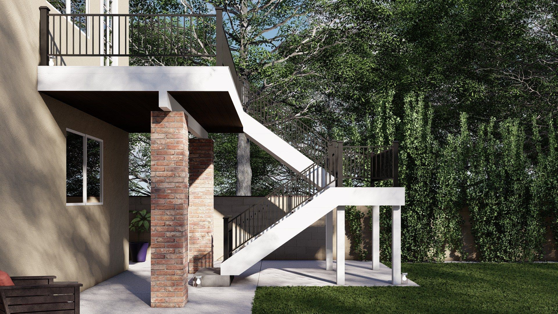 Outdoor stair and ramp access to a building, with brick columns and trees in the background