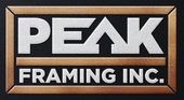 Peak Framing Inc. logo, white text on black background, outlined with bronze frame.