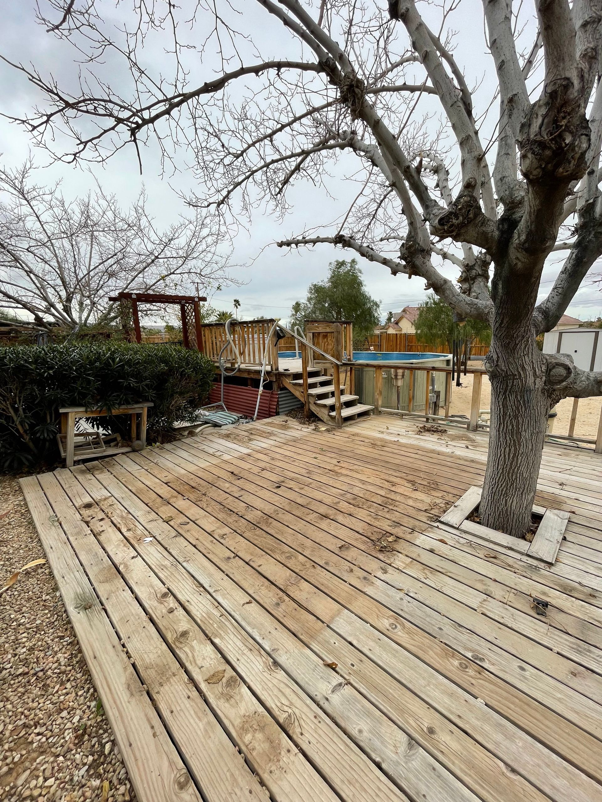 Wooden deck with bare trees, fenced yard, and a small staircase on an overcast day