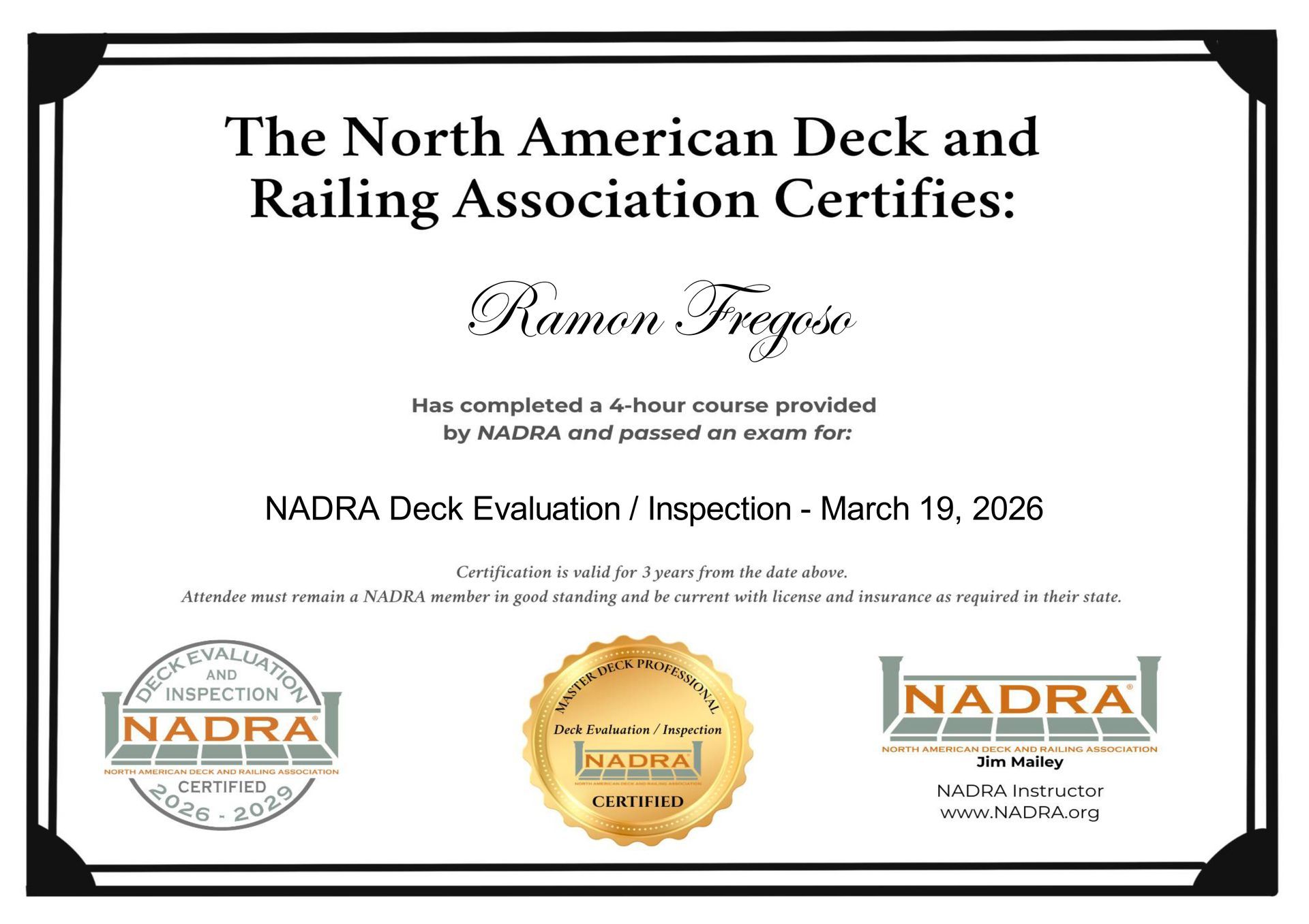 NADRA certification certificate with gold seal and logos on a white bordered background